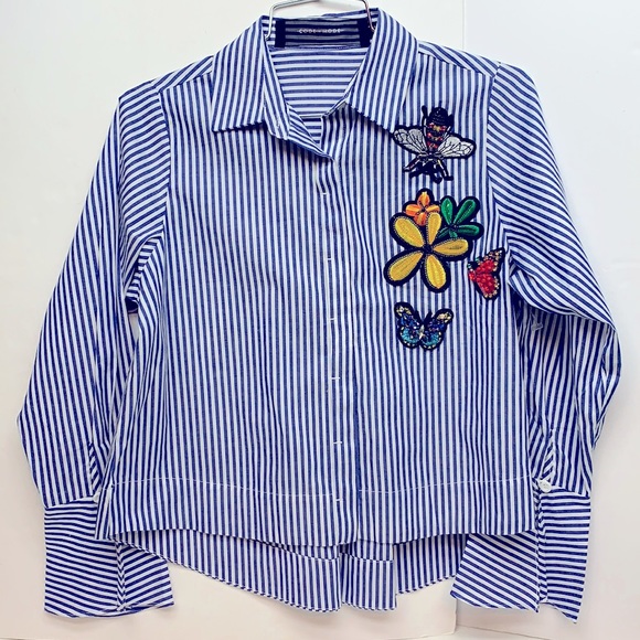 Code x Mode Blue & White Striped Appliqué Shirt XS - Picture 1 of 11